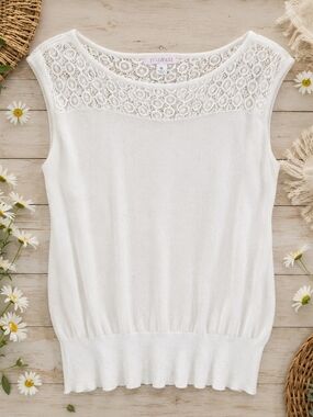 Roz & Ali White Boho Lace Rayon Top XL Cottagecore